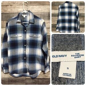 Old Navy The Boyfriend Shirt Flannel Women’s S Blue Plaid Button Up Cotton